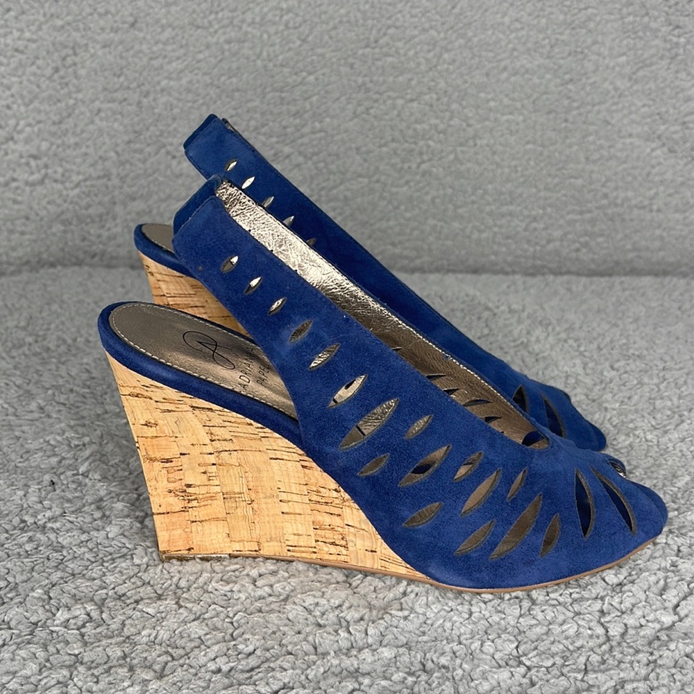 Adrianna Papell Blue suede Leather wedges eyelets elastic heel strap size 7M